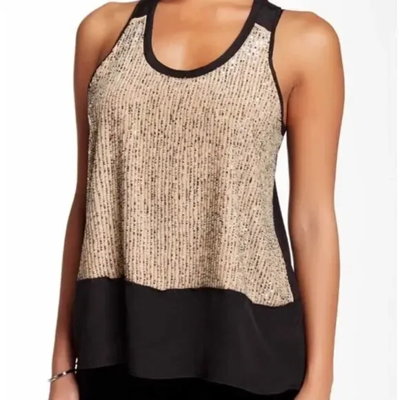 Eileen Fisher Silk Sleeveless Sequin Beaded Top Gold Size SP Small Petite - Picture 1 of 9